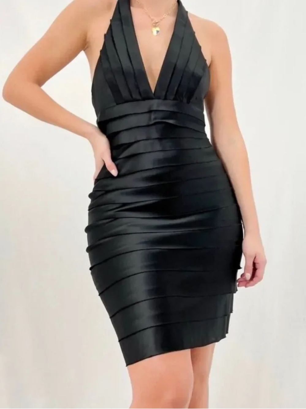 BCBGMaxAzria Black Plunge Halter Bandage Mini Dress